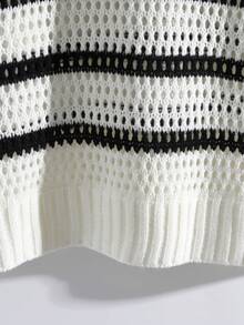 GlowEve Women's Vacation Casual Striped Hollow-Out Knit Top And Shorts 2 Pieces Set - Black and White - View 6