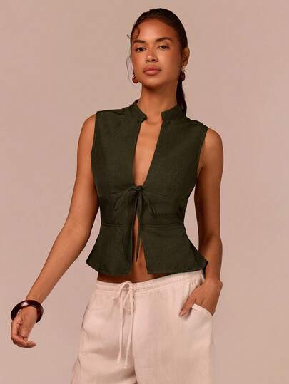 COSMINA Camiseta de mujer de cuello en V profundo con lazo en la cintura y decoración de botones, versátil para ir al trabajo, vacaciones, citas, estilo bohemio chic, uso en la oficina, primavera