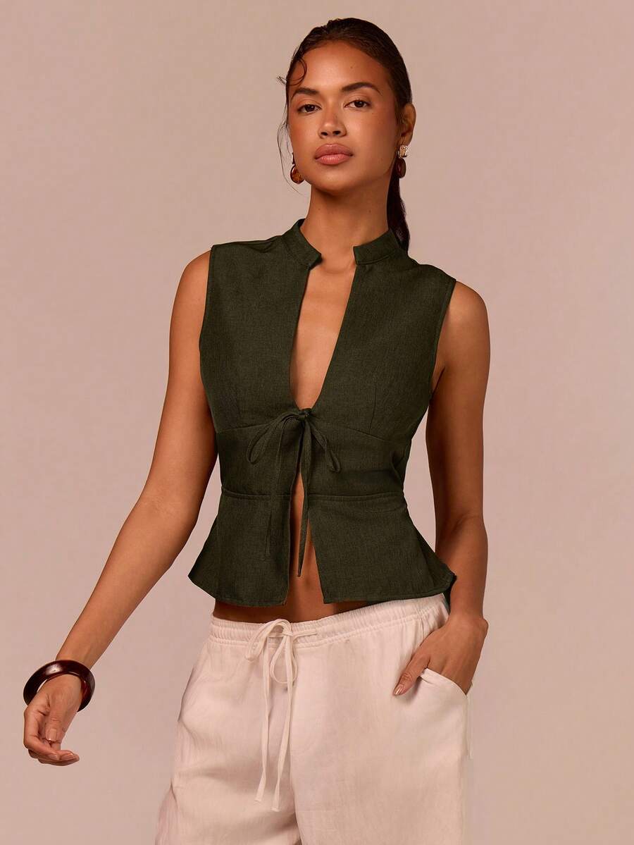 COSMINA 女士优雅深V领系带腰身贝壳纽扣装饰吊带背心，通勤、度假、约会、波西米亚风、办公穿着皆宜，春季必备 - 綠色 - 查看 1