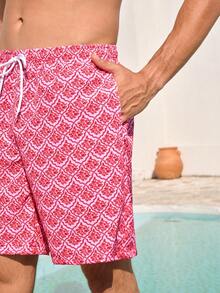 Manfinity Swimmode Men's Casual Printed Beach Shorts Matching Couple Swimsuits Couple Bathing Suit Set His And Hers Swimsuits Couple Beachwear Men Swim Trunks Couple Matching Couple Swimwear Couple Bathing Suit Set Boyfriend And Girlfriend Matching Swimsuits Print Pink Swimwear - Pink - View 7