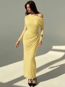 Aloruh Elegant Solid Color One Shoulder Ruched Dress, Casual & Party Wear - Yellow - View 3