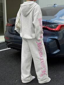 Muchica 2pcs/Set Women Pink Knitted Hoodie Top And Pants - Light Grey - View 2