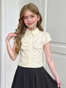 SHEIN 青少年女孩纯色翻领修身短袖开衫衬衫 - 米色 - 查看 4