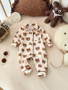 新生女宝宝休闲可爱卡通图案撞色长袖连体衣 - 卡其色 - 查看 3