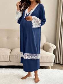 SHEIN 2pcs/Set Maternity Lace Trim Robe And Slip Dress Nursing Outfit - Navy Blue - View 5