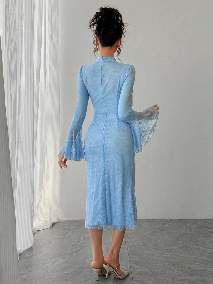 Women's Elegant Floral Print Stand Collar Puff Sleeve Midi Dress, Spring/Summer Wedding Guest Dress Sundress