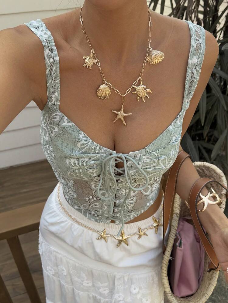 Women's Green Lace Sheer V-Neck Tie Strap Camisole For Beach Holiday Vacation Summer