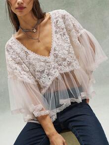 Bohemela Women's Casual Knit Mesh Patchwork Lace Trim Scoop Neck Blouse - Apricot - View 1