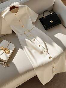 GlowEve Women's Elegant Simple Round Neck Single Breasted Short Sleeve Belt Midi Dress - Apricot - View 1