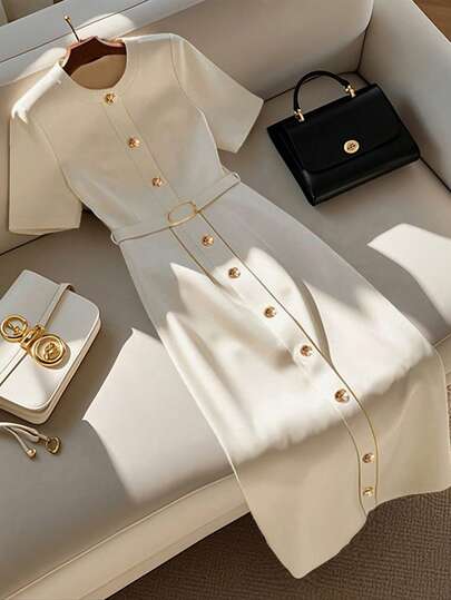 GlowEve 女士优雅简约圆领单排扣短袖系带中长连衣裙