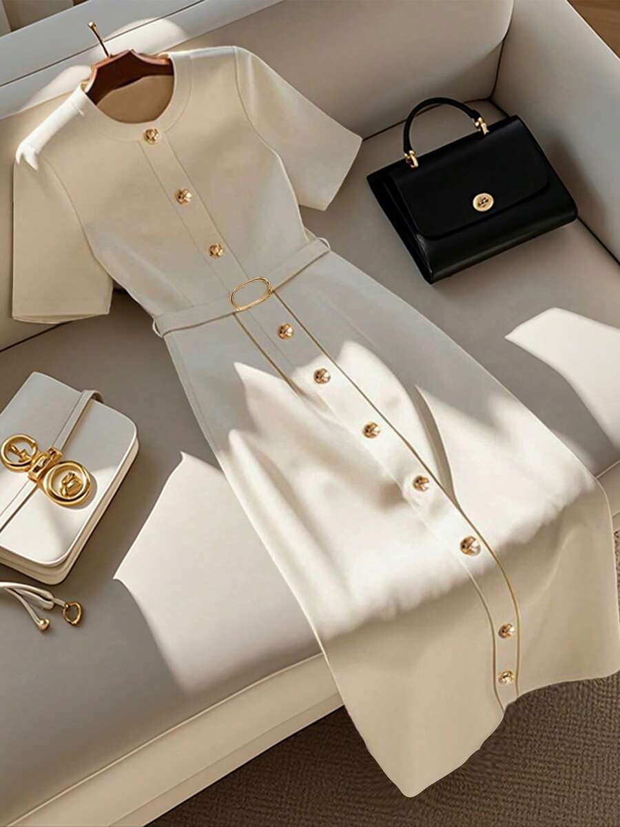 GlowEve Women's Elegant Simple Round Neck Single Breasted Short Sleeve Belt Midi Dress - Apricot - View 1