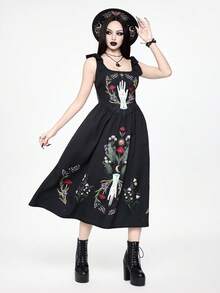 ROMWE Women's Mysterious Gothic Plant Palm Vine Print Sleeveless Dress - Black - View 5