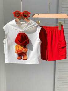 SHEIN 2件套婴儿/男婴可爱小熊图案无袖针织上衣T恤和红色工装短裤，春夏男婴服装，套装，街头服饰 - 酒紅色 - 查看 7