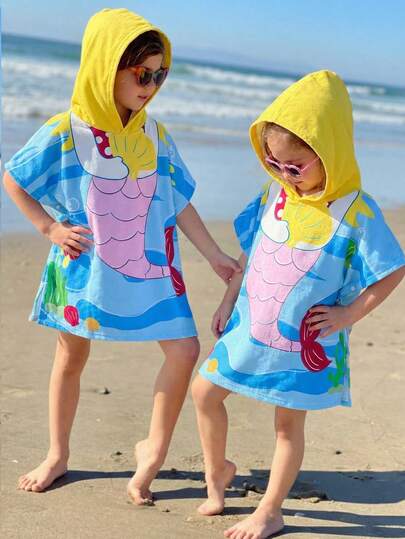 SHEIN Young Girl Casual Mermaid Print Hooded Cover Up