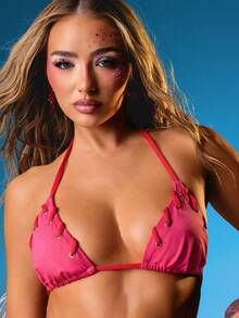 MISSGUIDED Halter Neck Eyelet Detail Triangle Bikini Top With Metal Hardware Accents Summer Beach Swimwear - Hot Pink - View 5