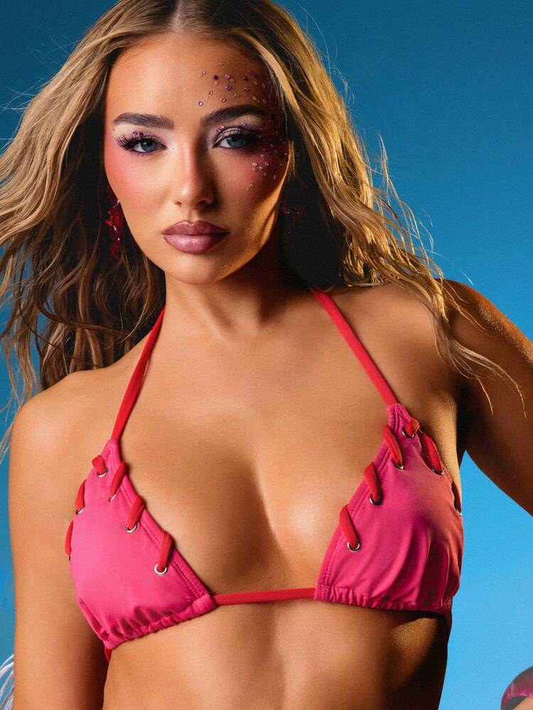 MISSGUIDED Halter Neck Eyelet Detail Triangle Bikini Top With Metal Hardware Accents Summer Beach Swimwear