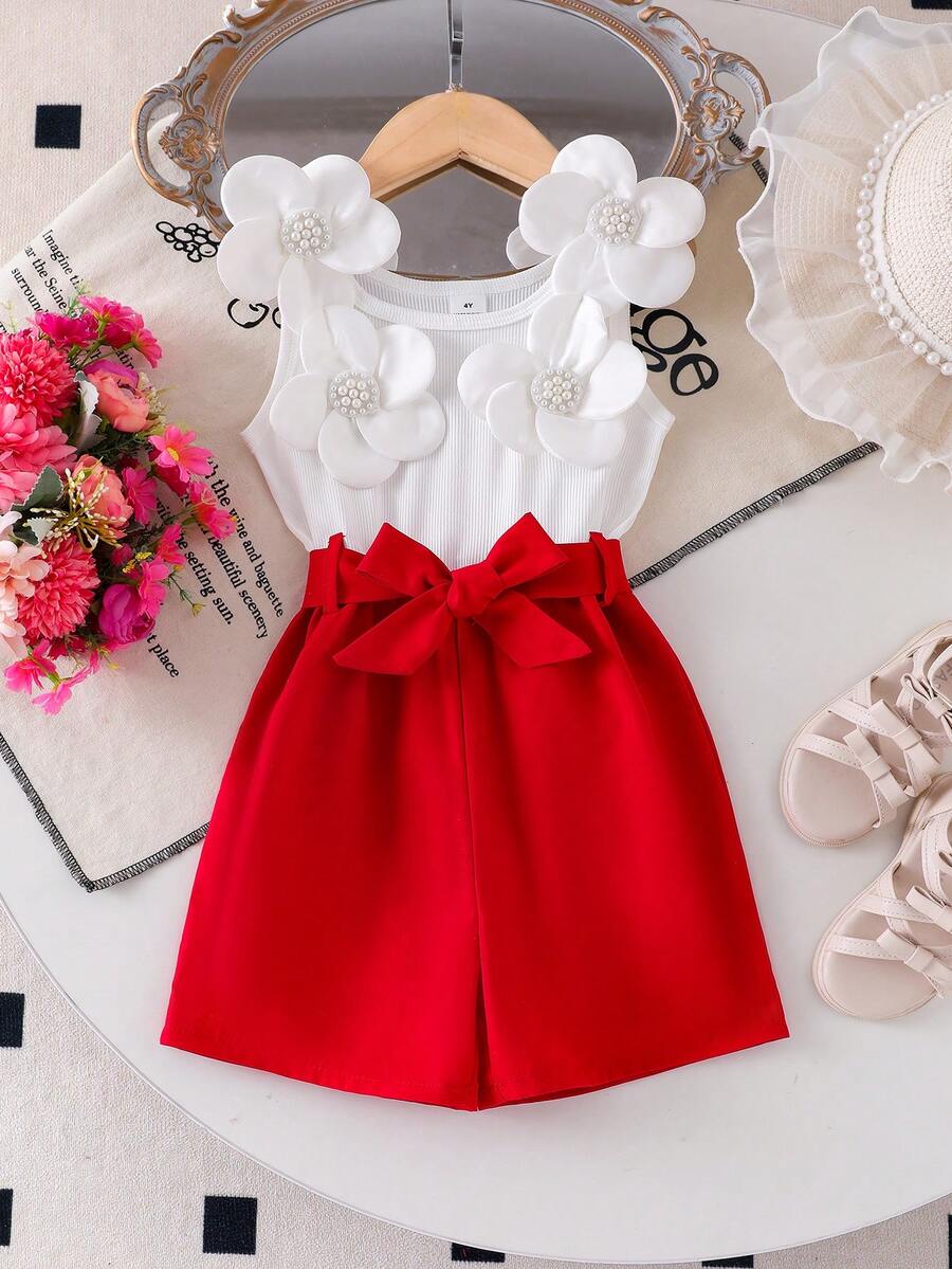 Elladie kids 女童碎花吊带连体衣，甜美舒适的碎花腰带，夏季休闲女童装，红色两件套，幼儿女童短裤套装，女童蝴蝶结套装，红白女童套装，儿童女童夏季服装，红色两件套，幼儿女童可爱复古风 - 紅色 - 查看 1