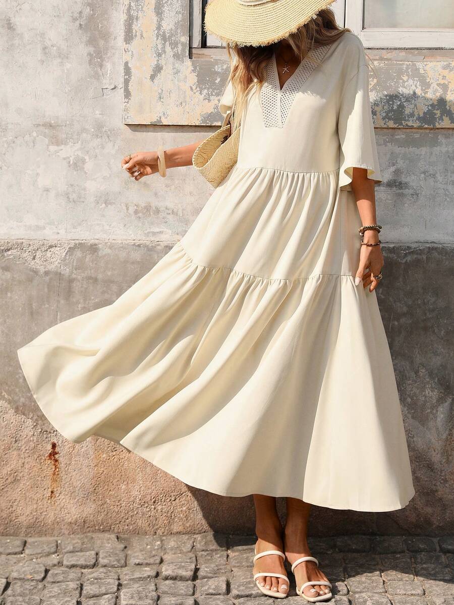 EMERY ROSE 女士纯色休闲宽松V领简约百搭长裙 - 米色 - 查看 1