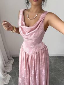 Elenzga Sleeveless Draped Neck Cinched Waist A-Line Satin Jacquard High-Gloss Fabric Light Pink Tie Waist Slimming French Elegant Vacation Dress For Women, Spring/Summer - Pink - View 5