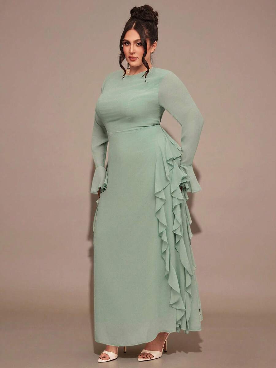 SHEIN BAE 大码女式纯色圆领喇叭袖荷叶边下摆优雅连衣裙 - 綠色 - 查看 1