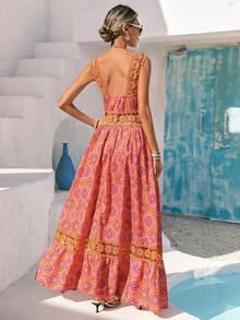 Vivid Eden 女士度假休闲纯色拼接花卉蕾丝纹理面料A字吊带连衣裙 - 彩色 - 查看 2