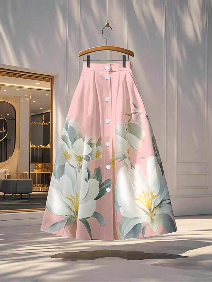 GlowEve Falda con estampado floral y decoración de botones para mujer - Rosa - Ver 1