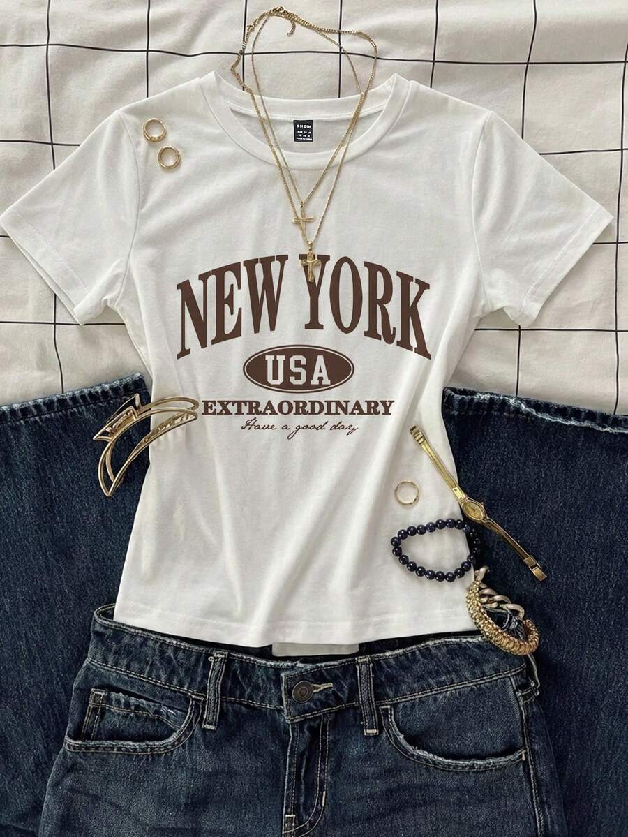 SHEIN EZwear Casual Round Neck New York Letter Graphic Short Sleeve Round Neck White T-Shirt, Slim Fit Women's Summer Tee - White - View 1