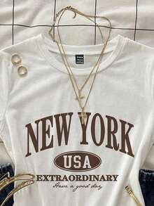 SHEIN EZwear Casual Round Neck New York Letter Graphic Short Sleeve Round Neck White T-Shirt, Slim Fit Women's Summer Tee - White - View 3