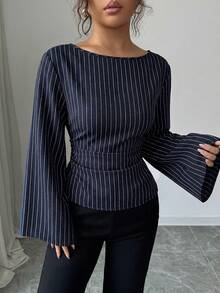 Siren Gaze Women's Navy Striped Boat Neck Bell Sleeve Long-Sleeve Ruffled Collar Fashion Shirt Fitted Shirt Striped Shirt Elegant Women's Shirt Commuter Wear Teacher's Shirt All-Season Casual Shirt Spring - Navy Blue - View 4