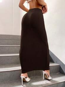 SHEIN Essnce 女士纯色高腰修身直筒裙 - 棕色 - 查看 2