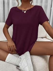 SHEIN Essnce 女士休闲度假性感简约纯色扭结露背短袖T恤，夏季 - 酒紅色 - 查看 5