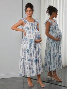 Momance 孕妇时尚碎花荷叶袖连衣裙 - 彩色 - 查看 5