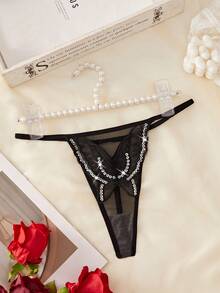 1pc Women's Sequin Mesh Butterfly Thong Panty - Black - View 2