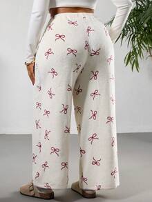SHEIN PETITE CURVE Plus Size Women Casual Everyday Commute Bow Print Elastic Waist Loose Wide Leg Fleece Pants, Autumn/Winter Valentine's Day - White - View 2