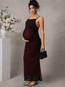 Momance 孕妇纯色网纱拼接优雅派对鸡尾酒礼服 - 酒紅色 - 查看 6