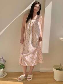 Dazy Plus Plus Size Women's Summer Butterfly Print Contrast Schiffy Ruffle Loose Camisole Nightgown Pajamas - Pink - View 9