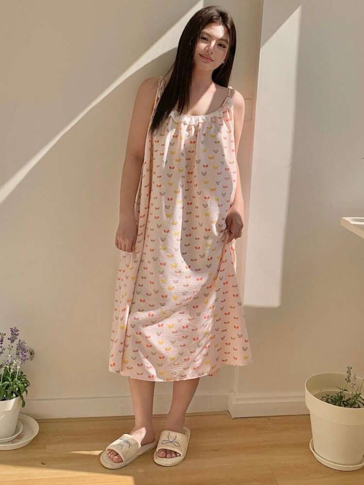 Dazy Plus Plus Size Women's Summer Butterfly Print Contrast Schiffy Ruffle Loose Camisole Nightgown