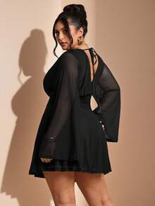 SHEIN BAE V-Neck Patchwork Waist Cinched Long Sleeve Short Dress - Black - View 2