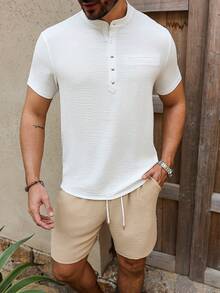 VENTUSAIL 男士纯色简约短袖衬衫短裤套装，适合日常穿着 - 彩色 - 查看 7