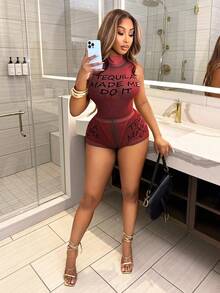 BamGleam 女士标语印花立领连体裤和短裤性感修身两件套 - 紅色 - 查看 5