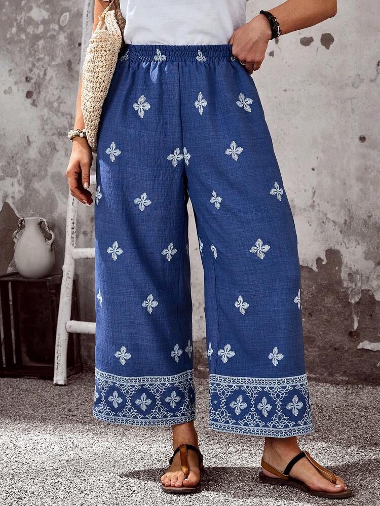 EMERY ROSE Plus Size Women's Blue And White Floral Print Wide Leg Pants With Pockets,Boho Casual Summer And Autumn Vacation Holiday For Everyday Beach Wear - Blue - View 1