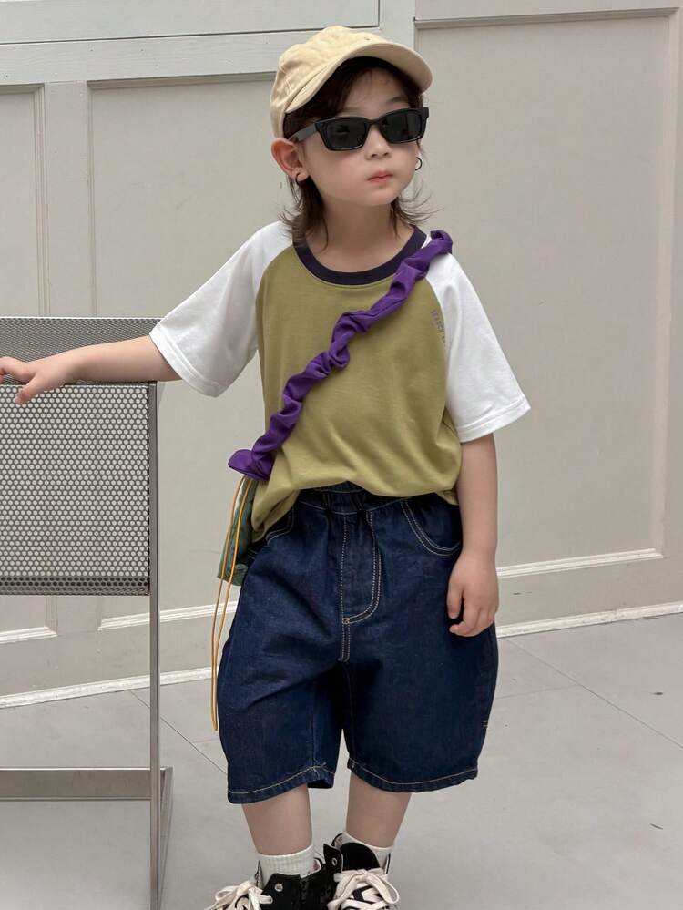 Young Boy Contrast Color Raglan Short Sleeve Crew Neck Casual Loose T-Shirt Summer