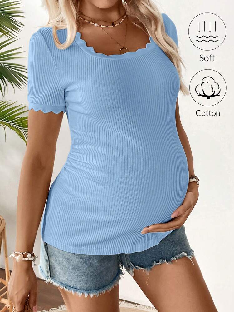 SHEIN Maternity Casual Solid Color Short Sleeve Fitted T-Shirt, Summer - Blue - View 3
