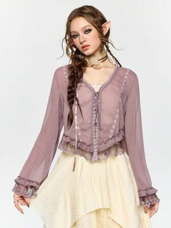 Fairycore Cardigan long transparent à manches longues, style féérique en patchwork de mousseline et de dentelle