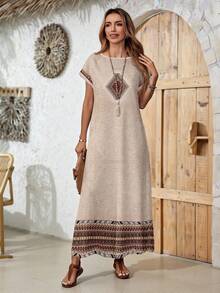 EMERY ROSE Đầm dài nữ phong cách Boho với họa tiết nhiều màu sắc, cổ tròn, tay cánh dơi ngắn, dáng xòe. - Nhiều màu - Xem 5