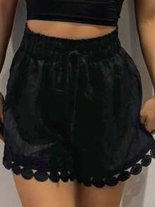 RebeccaVibe Summer Clothes Women Beach Vacation , Lace Trim Tie Waist Cover Up Shorts - Black - View 5