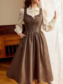 Vintamour Vintage Classic Elegant Women Embroidered Fitted Tank Dress, Brown Brown Elegant Dress Women Coffee Brown Dress Cottagecore Dress French Style Dress Spring Outfit Women Spring Dress For Women - Brown - View 4