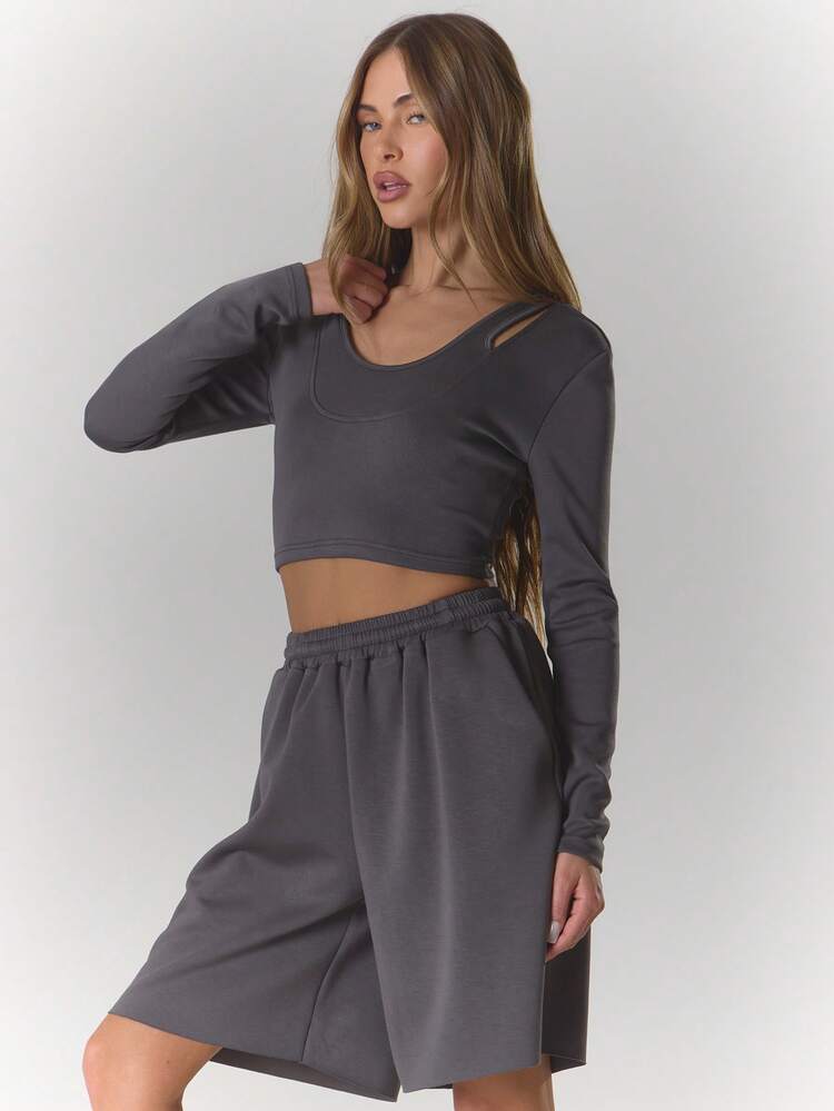 MUSERA Top de manga larga de doble capa con escote bajo, estilo deportivo, casual, diurno, de calle, de uso diario - Gris - Añade 3