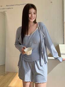 Dazy Plus 三件套：花卉撞色蕾丝开衫、长袖上衣和修身短款睡衣套装，优雅春夏睡衣 - 藍色 - 查看 5