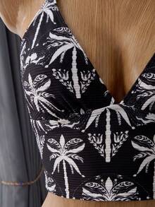 Bellisia Women's Tropical Floral Print Halter Tankini Swimsuit Set,Tank Top And Drawstring Bikini Bottoms,Beach Outfit, Vacation Bikini Set, Swimsuits For Woman 2 Piece - Black and White - View 4